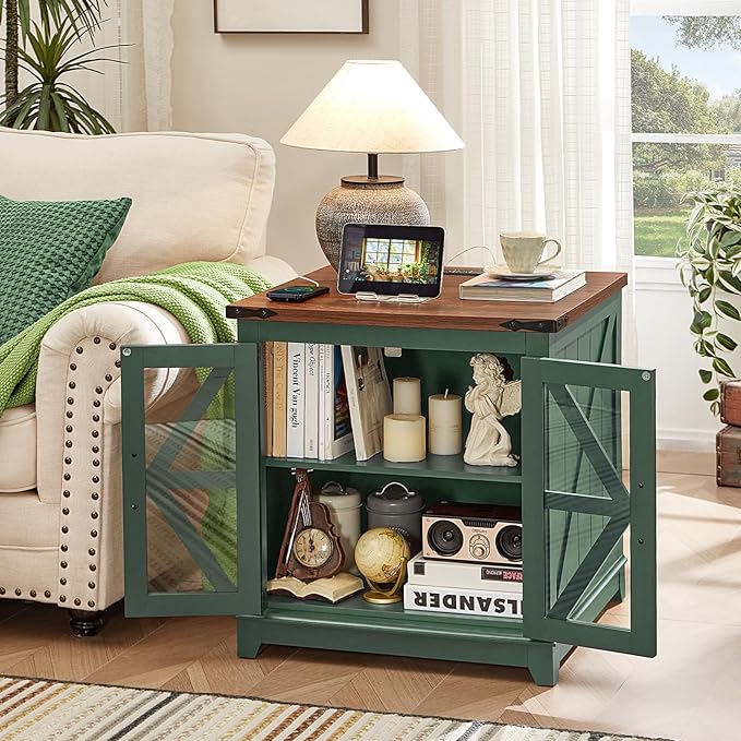 Farmhouse End Table, 24" Large Sofa Side Table with Charging Station Glass Barn Door, Wood Nightstand with Adjustable Storage Shelf, Square Bedside Table for Living Room, Bedroom, Office-Green