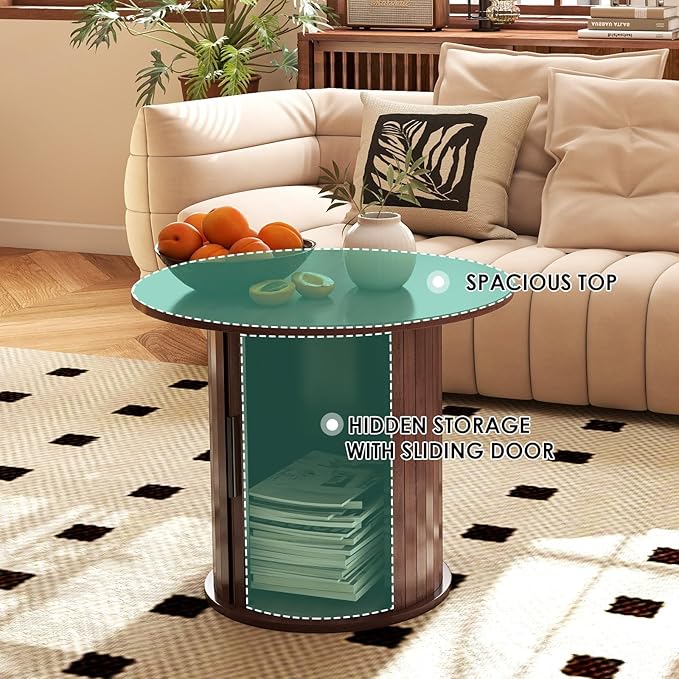 COSVALVE Round Wood Coffee Table 23.6IN with Hidden Storage & Sliding Door, Circle Farmhouse Side Table Sets for Living Room, Bedroom, Balcony, Small Spaces, Walnut