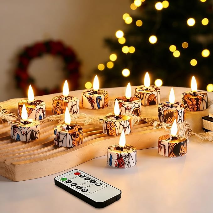 Eywamage Flameless LED Tealights with Remote Set of 12, Cool Pattern Battery Tea Votive Candles Holiday Gift