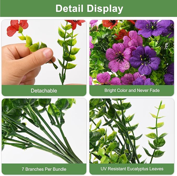 Artificial Flowers for Outdoors, 12 Bundles Multicolor Silk Fake Flower for Spring Summer Decoration, UV Resistant No Fade Artificial Outdoor Plants for Home Planter Porch Patio Yard Decor