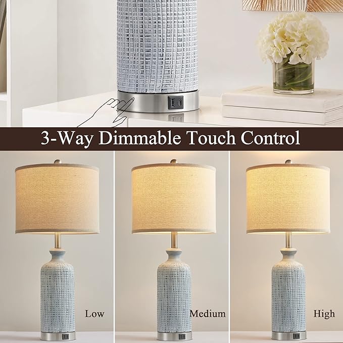 Living Room Lamps Set of 2, 27" Touch Lamps for Nightstand with USB A+C Ports, Modern Farmhouse Table Lamps for Bedroom, 2 Bulbs Included