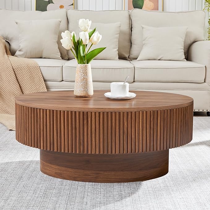 Oval Coffee Table with Hidden Storage, 31.5 Inch Wide Modern Coffee Table, Center Table with Fluted Veneered, Accent Tea Table for Small Space Living Room Apartment (Walnut)