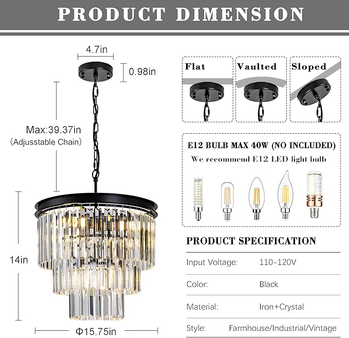 Round Crystal Chandelier 6-Lights 15.8" Black K9 Crystal Pendant Lights 3-Tier Luxury Hanging Dining Room Light Fixture for Living Room Bedroom Kitchen Island Entryway Hallway