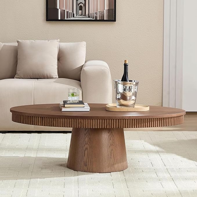 Modern Oval Coffee Table with Wood Pedestal,47.24" Farmhouse Center Table for Living Room, Ellipse Coffee Tables Tea Table for Bedroom, Apartment-Walnut