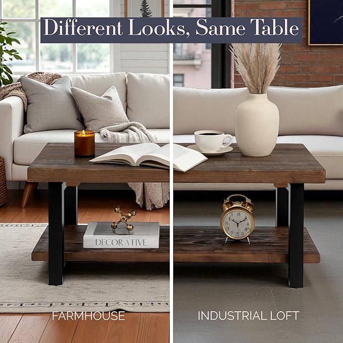 Alaterre Furniture Pomona Rustic Coffee Table with Storage Shelf - 42-Inch Industrial Modern Metal and Solid Wood Living Room Table - Easy Assembly Farmhouse Living Room Furniture (Rustic Natural)