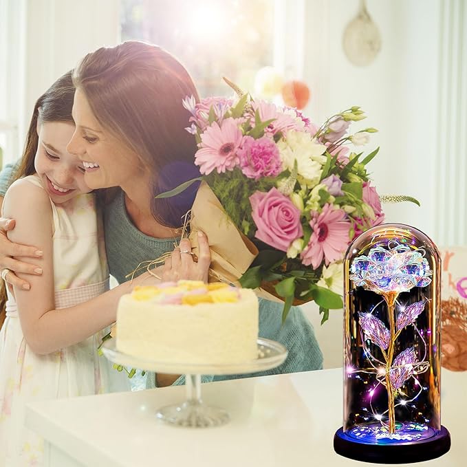 Christmas Rose Gifts for Women Mom, Womens Gifts for Christmas, Glass Flower Gifts for Sister, Rose Enchanted Crystal Flower Gift Light Up in Glass Dome,Birthday Gift for Women Wife Gold