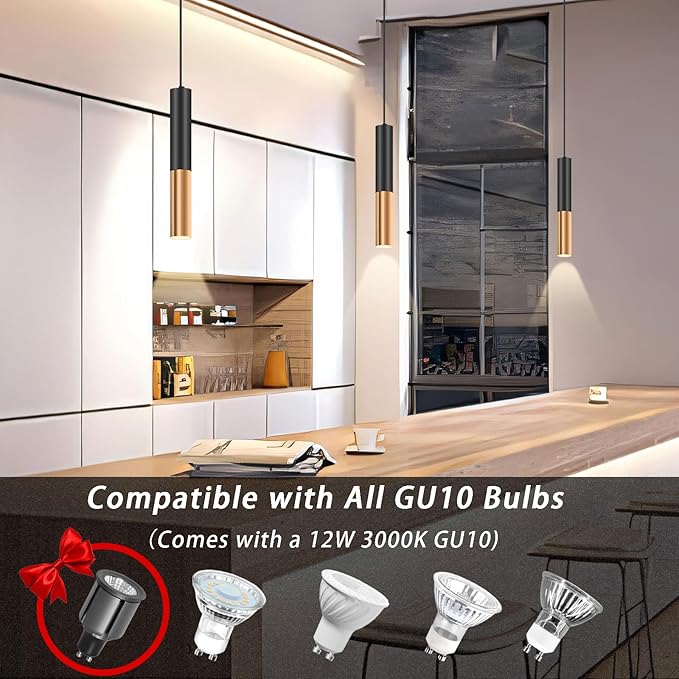 Modern Black Pendant Light Fixture for Kitchen Island, 1-Light Pendant Lighting, Lights Cord Adjustable, Matching GU10 lamp Holder,for Living Room Bedroom Dining Room (Black&Gold-3Pack)