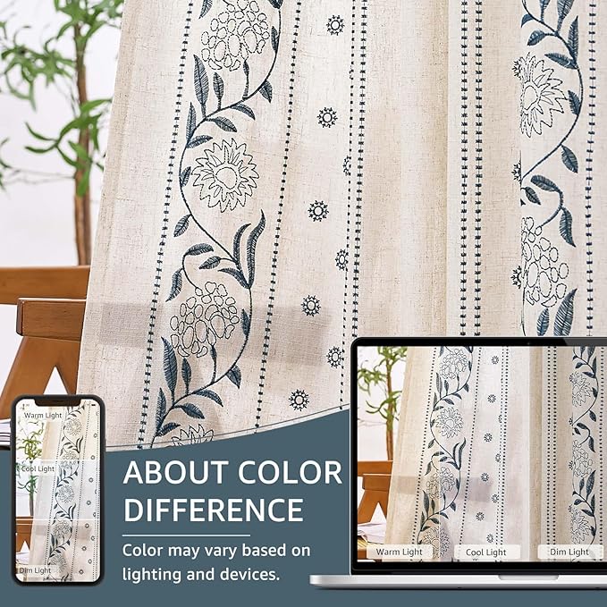 jinchan Winslow 4 Panel Curtains Set 84 Inch Length Embroidered Bordered Floral Curtains for Living Room Farmhouse Decor Light Filtering Window Treatments Blue on Beige Drapes 4 Panels