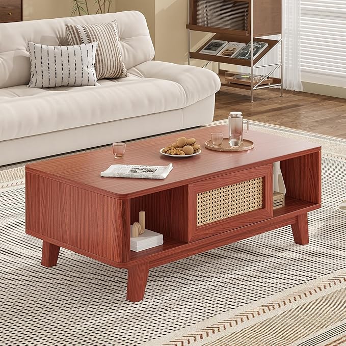 Soohow Coffee Table, Mid Century Living Room Tables with Storage, Modern Square with Rattan Drawer, Wooden Living Room Table with Solid Wood Leg
