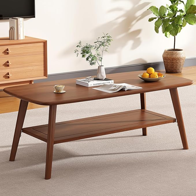 Coffee Table Small Solid Wood Center Table Mid Century Vintage Living Room Coffee Table, Walnut 47.24 Inch