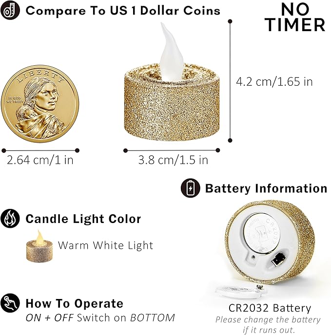 FURORA LIGHTING Champaign Gold Glitter LED Tealight Candles Pack of 12, Flameless Flickering Tealight Candles for Home Décor, 1.5’’(W) x 1.65’’(H), Battery Operated