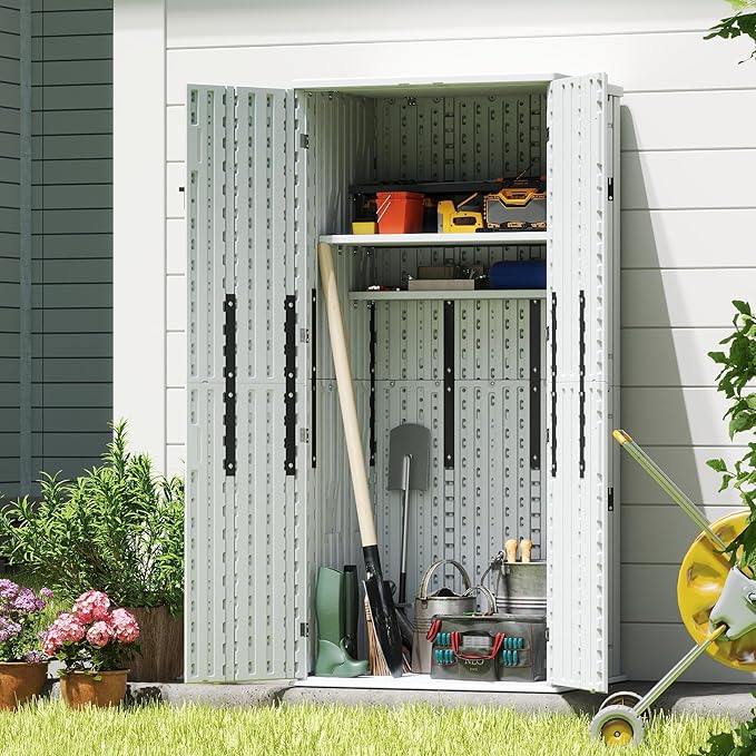 EHHLY Heavy Duty Tall Storage Cabinet Outdoor Weatherproof, 28 Cuft Garage Storage Cabinet with 4 Adjustable Shelves, Lockable Kitchen Pantry Closer Organizer, 31Wx23Lx66H, Polar White