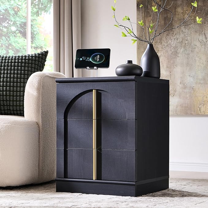 ACCOHOHO Modern Night Stand Set 2 with Arched Panel, 18" Nightstand with Charging Station, Side Table with 3 Storage Drawers, Wood Square Bedside End Table for Bedroom Living Room, Black