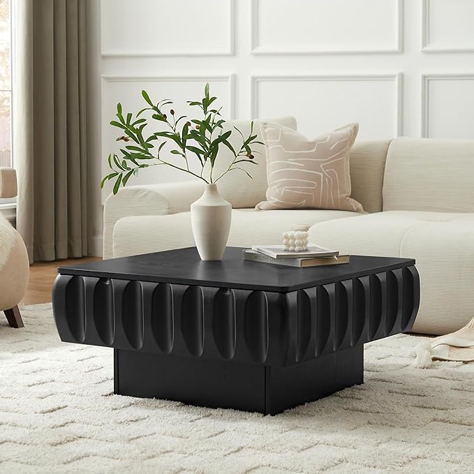 31.1" Square Lift-Top Coffee Table, Modern Fluted Tea Table with Hidden Storage for Living Room, Apartment or Office, Black
