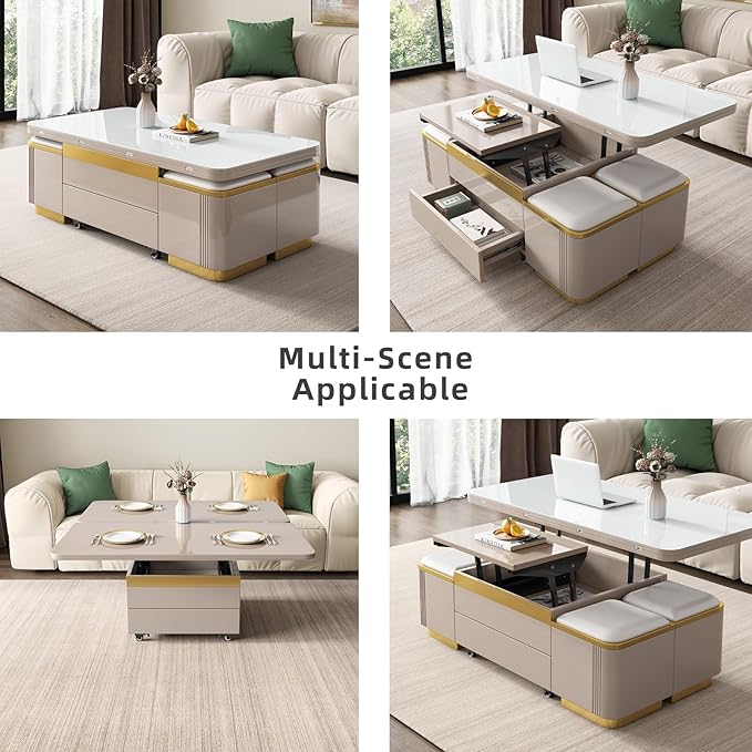 Lift Top Coffee Table with 4 Storage Stools for Living Room, Modern Stylish Convertible Dining Table for 4-6 People, 3 in 1 Multi-Functional Coffee Table, Easy Assembly- White