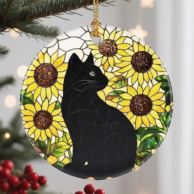 Sunflower Black Cat Ornament, Christmas Ornaments, Christmas Tree Decorations, Holiday Decor, Cat Lover Gifts, Pet Gifts, Xmas Gift & Holiday Presents for Friends or Family
