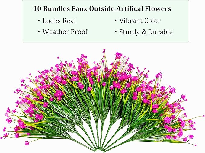 10 Bundles Artificial Flowers Indoor No Fade Fake Plastic Flower UV Resistant for Outside Patio Yard Planter Fall Autumn Pink Faux Outdoor Plants for Planters