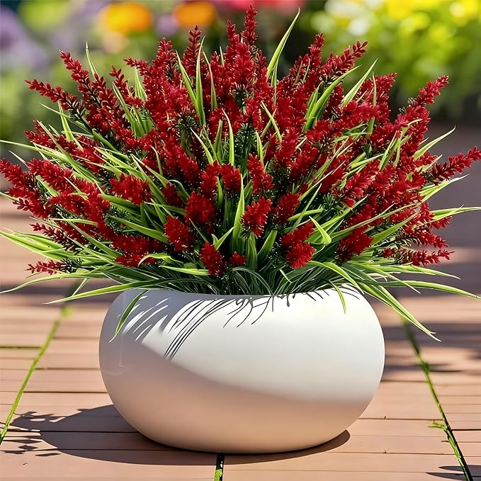Geegoods Artificial Red Lavender Flowers for Outdoors – 24 Bundles UV Resistant Fake Flowers with Monkey Grass, Realistic Artificial Plants Outdoor for Garden, Patio, Porch, Window Box & Home Décor