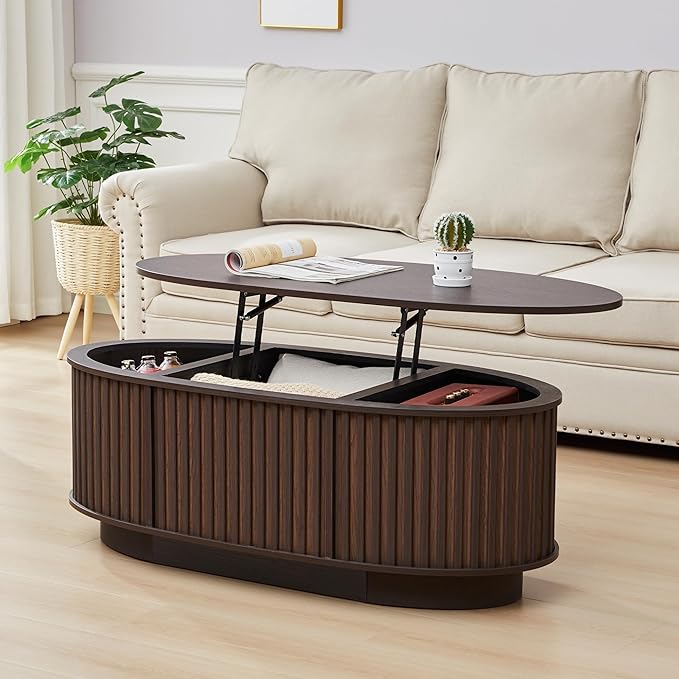 Oval Lift Top Coffee Table, 43.3'' Fluted Coffee Table with Hidden Storage Compartment, Mid Century Modern Dining Table Wooden Center Table for Living Room, Office, Small Spaces (Dark Brown)