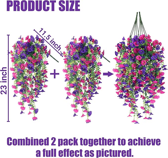 Artificial Fake Hanging Flowers Plants for Outdoor Outside Spring Summer Decoration 2PCS Faux Silk UV Resistant Realistic Morning Glory with Eucalyptus for Home Porch Patio Balcony(Purple & Magenta)