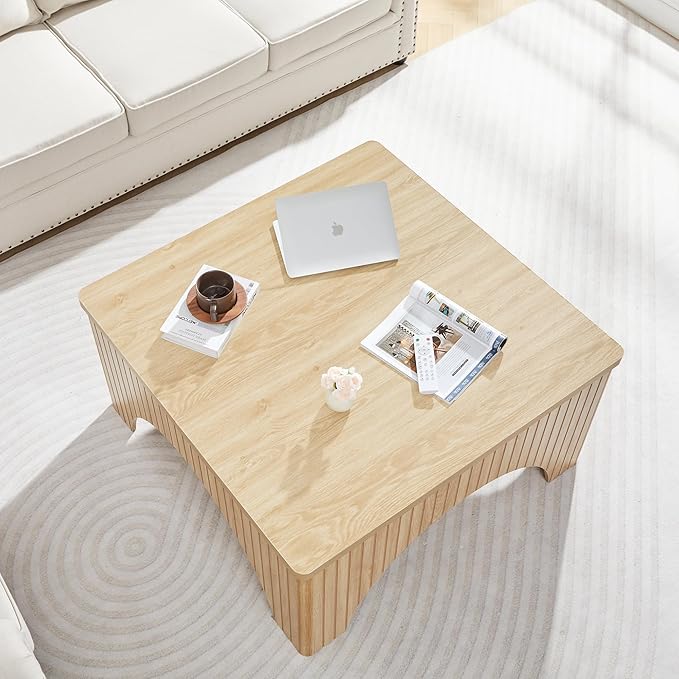 39'' Square Coffee Table with Storage, Farmhouse Lift Top Coffee Table for Living Room Fluted Wood Center Table Arched Dining Table with 2 Hidden Storage Compartment (Natural)