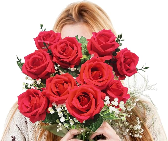 10 Stems Artificial Roses Bouquet with 4pcs Artificial Baby's Breath 6pcs Artificial Eucalyptus Leaves Stems, for Silk Floral Arrangement or Space Decoration (Red)