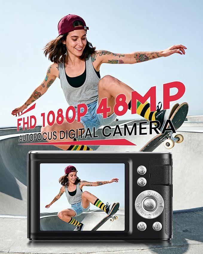 Digital Camera, 48MP FHD 1080P Point and Shoot Camera with 16x Zoom, Anti Shake Compact Portable Camera for Photography with 32GB Card, Autofocus Camara for Kids, Beginners, Teens, Black