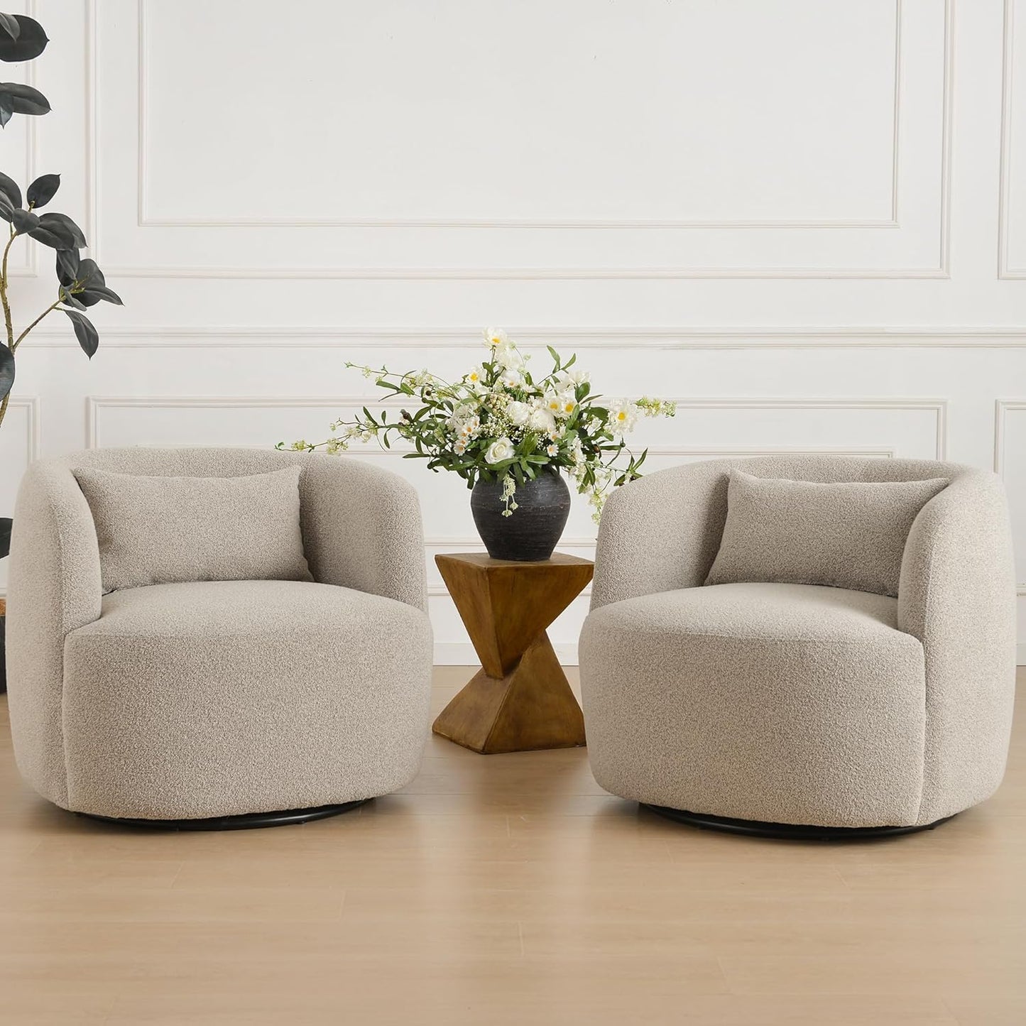 KINWELL 34" Wide Sherpa Swivel Barrel Chairs Set of 2, No Assembly Round Boucle Upholstered Accent Chairs Armchairs Single Sofa Chair with Toss Pillow for Living Room and Bedroom, Taupe
