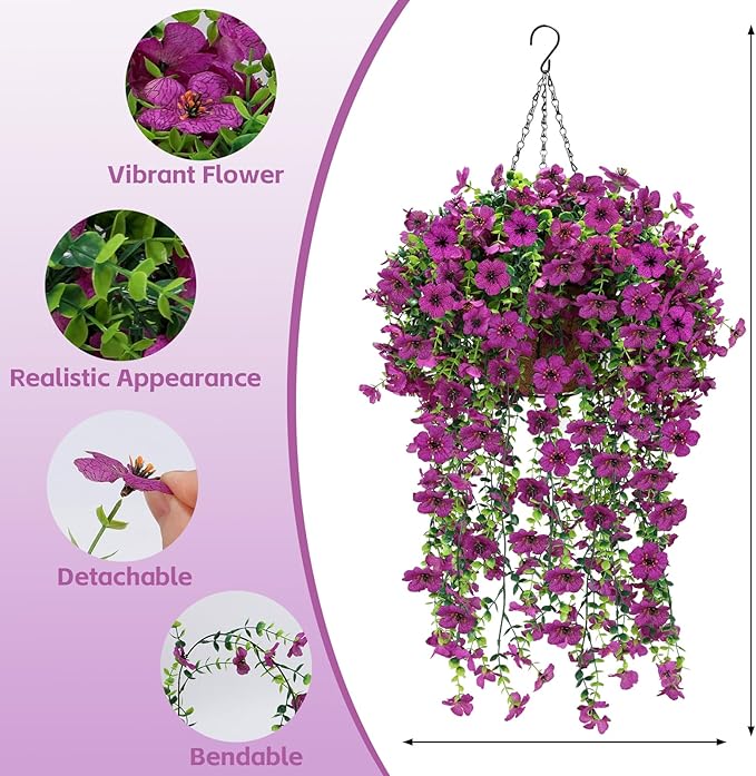 Geegoods 2 Set Artificial Hanging Flowers Plants for Outdoor, Faux Hanging Violet Flowers Baskets with Eucalyptus Vines UV Resistant Realistic Fake Plants for Outside Porch Garden Yard Home Decor