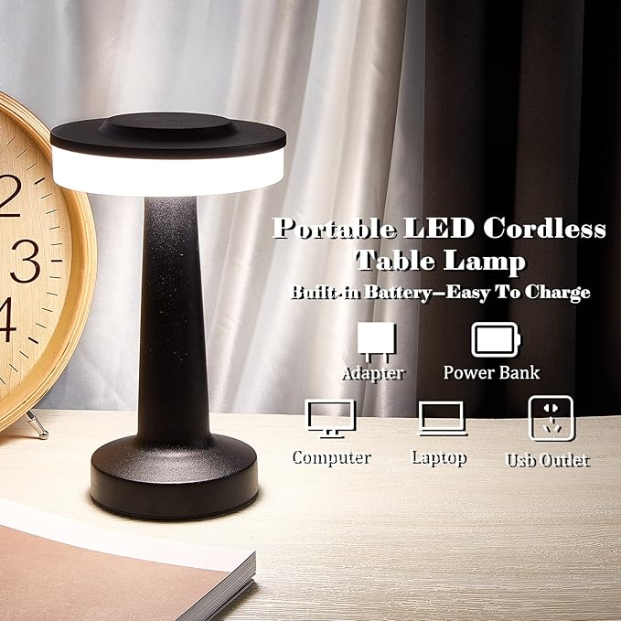 Riakrum 2 Pcs LED Portable Cordless Table Lamp with Touch Sensor 3 Color Stepless Dimming Rechargeable Battery up to 15 Hours Cordless Table Light Wireless Lamp for Nursery (Black)