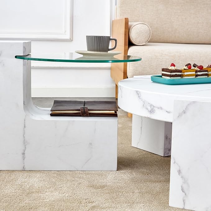 Removable Double Coffee Table Set，Modern Round Wood Coffee Table for Living Room, Farmhouse Style Side Table, Flexible Design for Any Scenario (White)