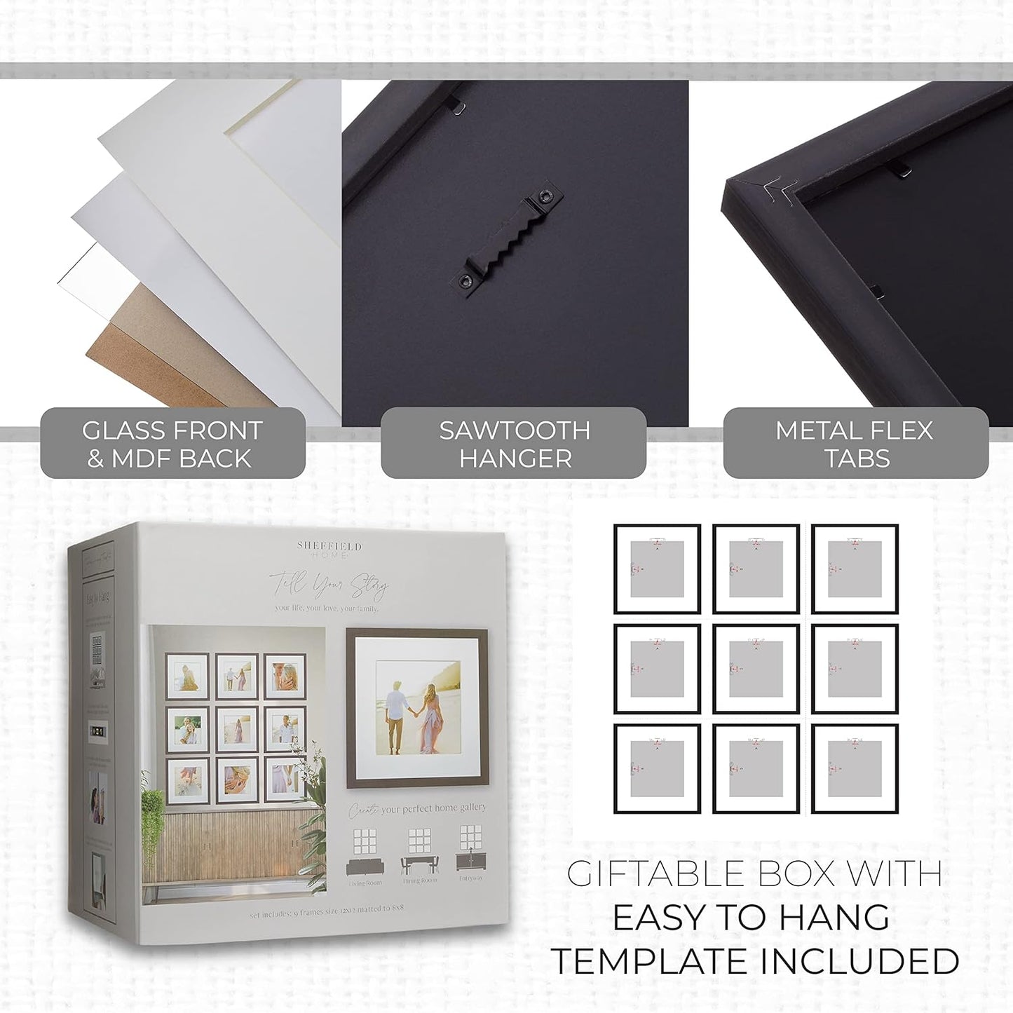 Sheffield Home 9 Piece Gallery Wall Frame Set, 12x12 Inch, Dark Oak