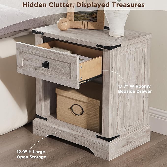 T4TREAM 24" Farmhouse Nightstand with Charging Station, Large End Table with Drawer and Open Storage Cabinet, Rustic Wood Bedside Table Sofa Table for Bedroom, Antique Brush White
