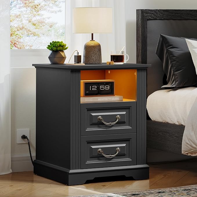 Farmhouse Nightstand Set of 2, Wooden Night Stand with Charging Station, LED Bedside Table with Drawers, Rustic Sofa Side Table, End Table for Bedroom, Living Room, Black