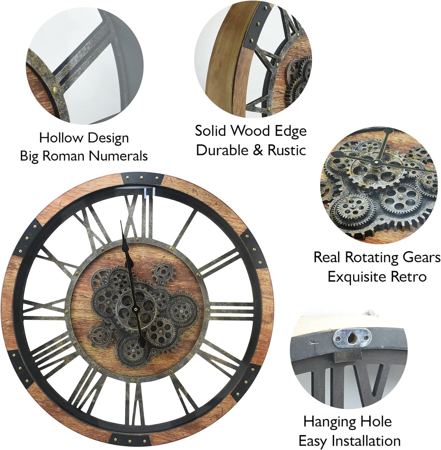 27 inch Large Real Moving Gears Wall Clock with Toughened Glass Cover, Oversized Vintage Solid Wood Farmhouse Clock, Giant Decorative Rustic Wall Clock for Living Room Home Kitchen Office (Brown)