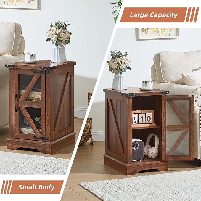 Farmhouse End Table Set 3, Narrow 18'' Night Stand with Glass Barn Door, 24" Square Side Table with Charger Station, Living Room Furniture Sets, Wood Nightstand Bedside Tables for Bedroom