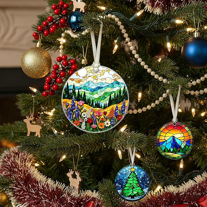 Mountain Christmas Ornaments 2025, Stained Glass Christmas Tree Decorations, Exchange for Women, Men, Collectible Dated Year Ornaments for Tree - Glass Hanging Ornament