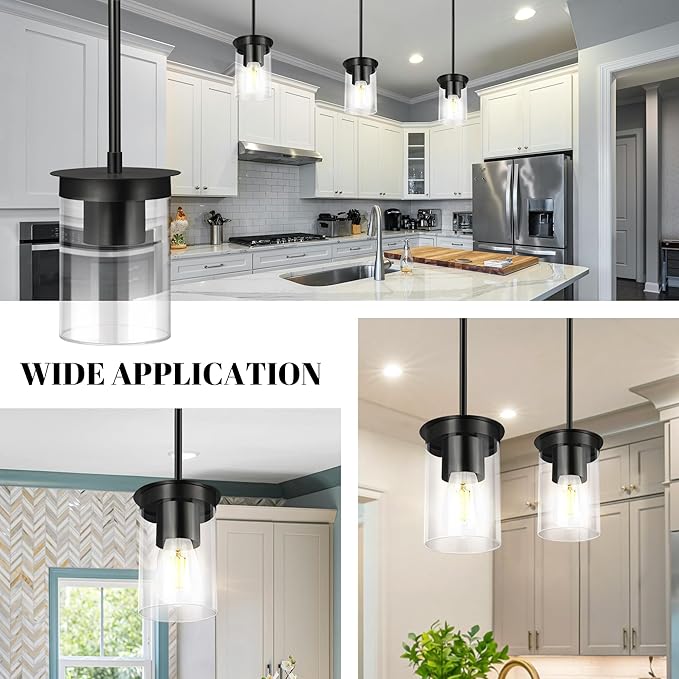 Modern Pendant Light Glass Shade, Kitchen Island Pendant Lighting with Glass Shade for Dining Room,Bedroom, Bar,Office,Farmhouse Black,1Pack-4.72 Inch Shade 40 Inch Cord