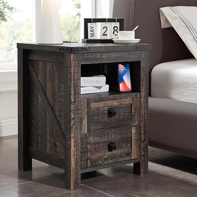 T4TREAM Farmhouse Nightstand Set of 2 with Charging Station, Rustic End Table with 2 Drawers, Storage Open Shelf for Bedroom, Living Room, Wood Side Table, Dark Rustic Oak