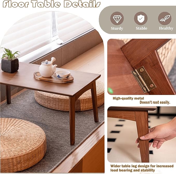 Wooden Folding Coffee Table No Assembly Low Collapsible Japanese Floor Table Small Spaces Tatami FoldableTable for Living Room Home Office (Walnut,Compact)