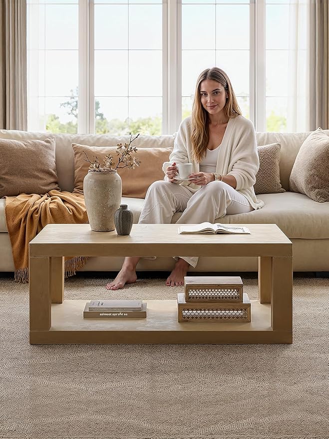 Wooden Coffee Table, 47" Rectangle Coffee Table with 2-Tier Storage Space, Large Farmhouse Center Table Space Saving, Coffee Tables for Living Room Home Office Apartment, Easy Assembly