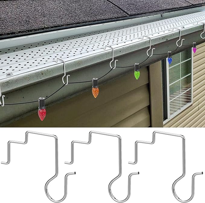 60 Pcs Christmas Gutter Light Hooks, Stainless Steel Christmas Gutter Clips, Outdoor Mesh Light Hanger Hook for Xmas Halloween Holiday Party Hanging Decoration