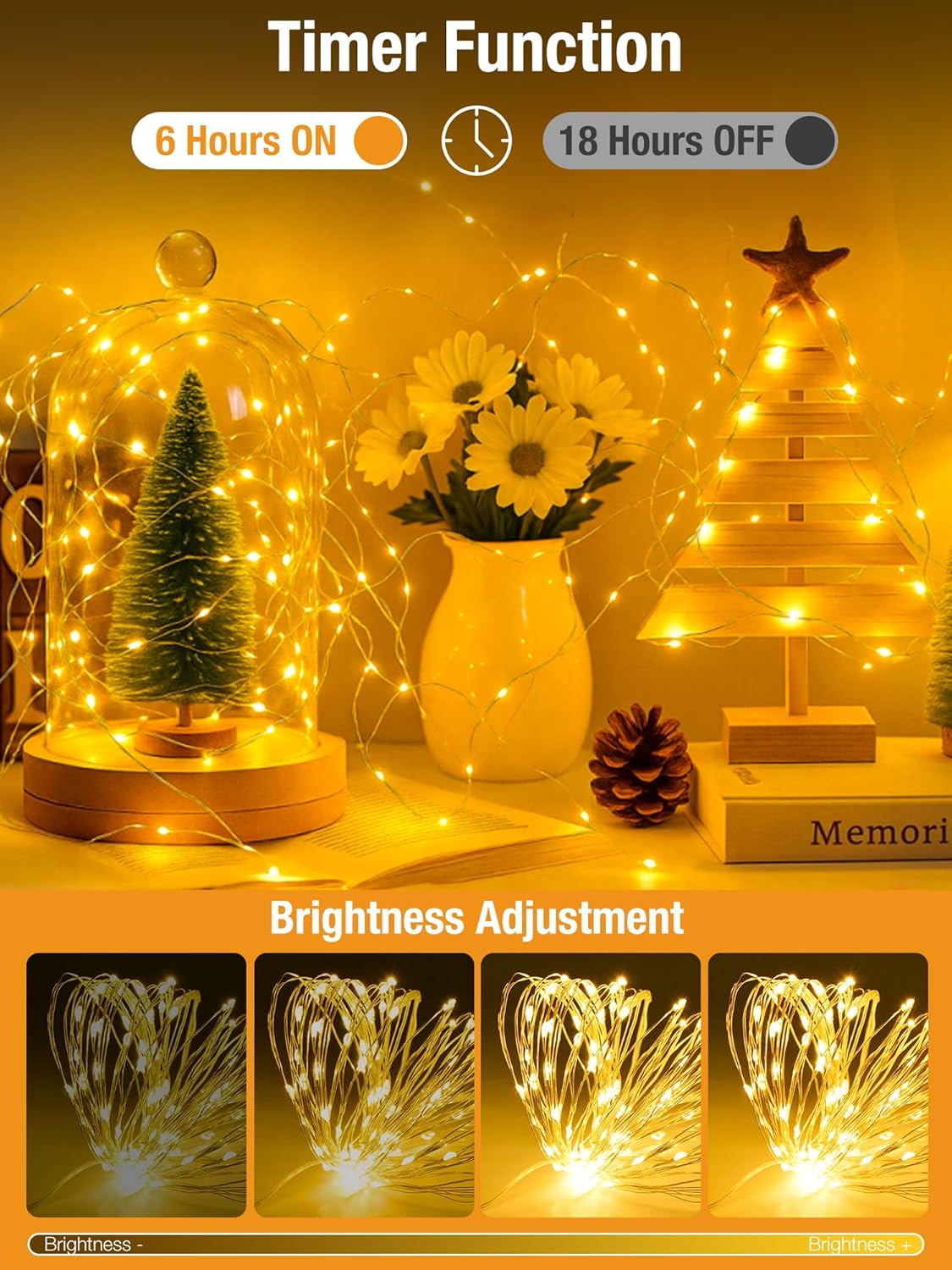 btfarm 4 Pack Fairy Lights Battery Operated with Timer, 16.4 FT 50 LED Twinkle String Lights 8 Modes Dimmable Waterproof Silver Wire for Indoor Bedroom Christmas Party Wedding Decorations, Warm White