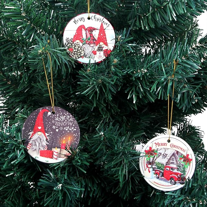 Mini Christmas Tree Ornaments Decorated Gnome Christmas Ornament Ceramic Xmas Tree Decorations Gift Cute Small Round Unique Snow Ornaments