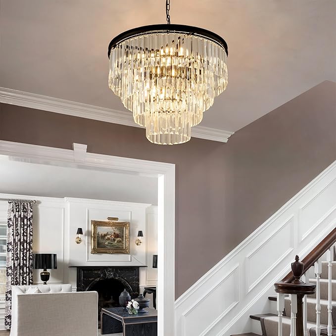 22.8" Crystal Chandelier Lights 10-Light K9 Crystal Pendant Light 4-Tier Black Luxury Crystal Hanging Light Fixture for Dining Room Living Room Kitchen Bedroom Stairway