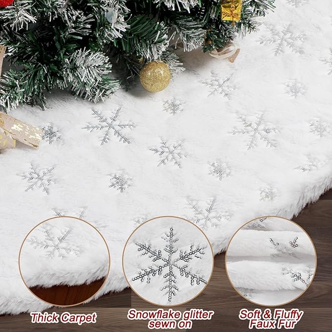 84 Inch Christmas Tree Skirt, Faux Fur Extra Large White Tree Skirt for 7 to 15 ft Xmas Tree, Plush Soft Thickened Mat with Silver Sequin Snowflake for Xmas Tree Decor Reusable Christmas Decorations