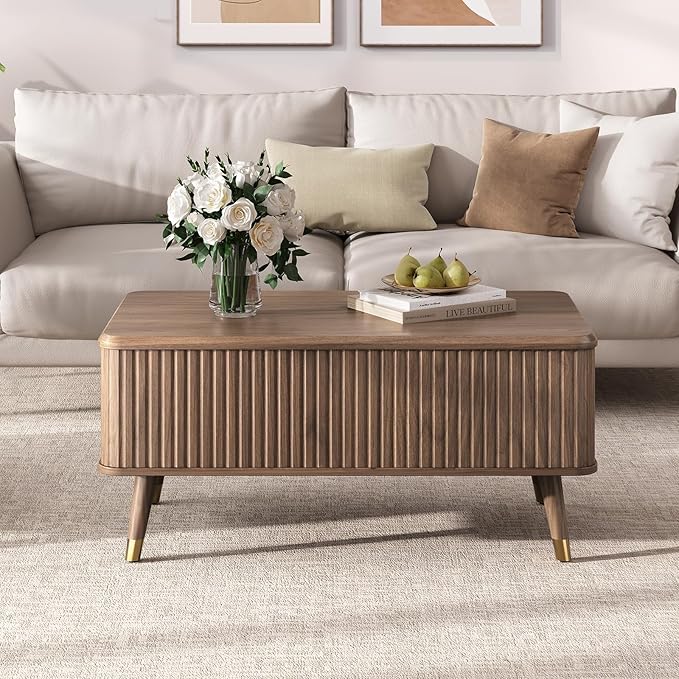 Lift Top Coffee Table with Storage, Mid Century Modern Walnut Fluted Coffee Table, Rectangular Wood Center Table with Rising Desktop & Open Shelf for Work from Home, Living Room, Walnut