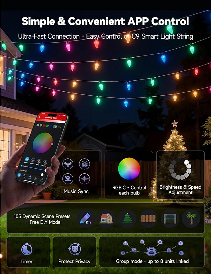 Minetom Smart C9 Christmas Lights Outdoor, 150 LED 164FT Christmas Color Changing Fairy Lights App Control, Music Sync, 105 Preset Modes, Connectable RGB C9 String Lights for House Indoor Xmas Decor