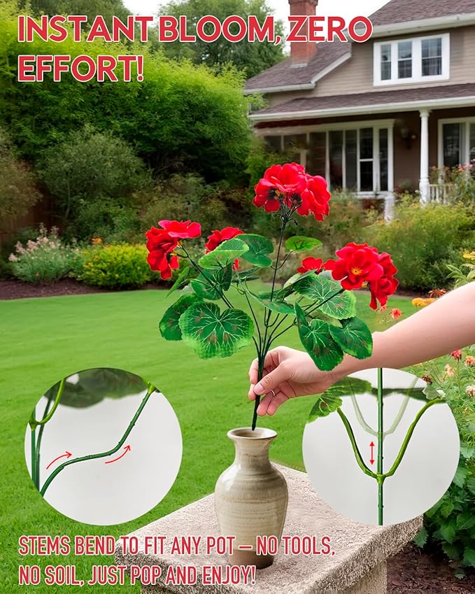 12 Bundles Geranium Christmas Artificial Flowers for Outdoors - UV Resistant Fake Flowers Outside for Planter Hanging Basket, Realistic Silk Faux Plants for Home Porch Garden Patio Décorations