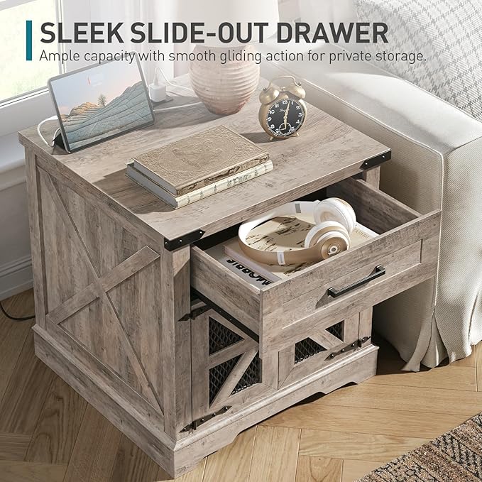 Farmhouse End Table with Charging Station, 24" Large Sofa Side Table with Drawer, Large End Table for Living Room, Wooden Nightstand with Outlet, Square, Greige